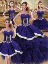 Pretty Sleeveless Floor Length Beading and Ruffles Lace Up Quince Ball Gowns with Purple