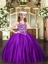  Satin Straps Sleeveless Lace Up Beading Little Girls Pageant Dress in Purple