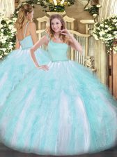  Aqua Blue Ball Gowns Tulle Straps Sleeveless Beading and Ruffles Floor Length Zipper Quince Ball Gowns