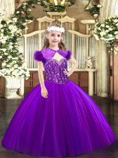  Purple Ball Gowns Tulle Straps Sleeveless Beading Floor Length Lace Up Kids Formal Wear