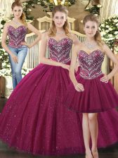 Pretty Tulle Sweetheart Sleeveless Lace Up Beading 15th Birthday Dress in Fuchsia