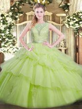 Chic Yellow Green Tulle Backless 15th Birthday Dress Sleeveless Floor Length Beading and Ruffled Layers