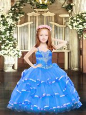 Beautiful Sleeveless Organza Floor Length Lace Up Pageant Dress for Girls in Blue with Beading and Ruffled Layers