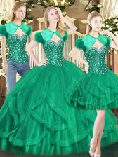 Inexpensive Dark Green Ball Gowns Tulle Sweetheart Sleeveless Beading and Ruffles Floor Length Lace Up Quinceanera Dress
