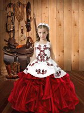  Wine Red Girls Pageant Dresses Sweet 16 and Quinceanera with Embroidery and Ruffles Straps Sleeveless Lace Up