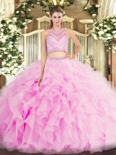  Floor Length Backless Sweet 16 Quinceanera Dress Lilac for Military Ball and Sweet 16 and Quinceanera with Beading and Ruffles