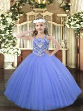  Blue Straps Neckline Beading Pageant Dress for Girls Sleeveless Lace Up