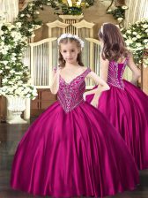 Perfect Satin V-neck Sleeveless Lace Up Beading Pageant Dress Toddler in Fuchsia
