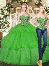  Sweetheart Sleeveless Quinceanera Dresses Floor Length Beading and Ruffled Layers Green Organza
