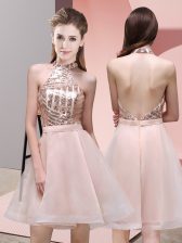 High End Baby Pink A-line Chiffon Halter Top Sleeveless Sequins Mini Length Backless Vestidos de Damas