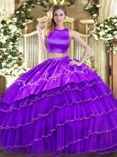 Flirting Purple Sleeveless Floor Length Embroidery and Ruffled Layers Criss Cross Quince Ball Gowns