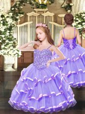  Lavender Ball Gowns Organza Spaghetti Straps Sleeveless Appliques and Ruffled Layers Floor Length Lace Up Pageant Dress Womens