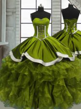  Olive Green Organza Lace Up Sweetheart Sleeveless Floor Length Ball Gown Prom Dress Beading and Ruffles