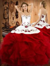 Dramatic Wine Red Ball Gowns Satin and Organza Halter Top Sleeveless Embroidery and Ruffles Floor Length Lace Up Quinceanera Dresses