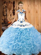 Exquisite Baby Blue Sleeveless Fabric With Rolling Flowers Lace Up Quinceanera Dresses for Military Ball and Sweet 16 and Quinceanera