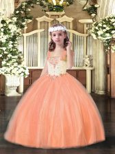  Orange Red Sleeveless Floor Length Beading Lace Up Little Girls Pageant Gowns