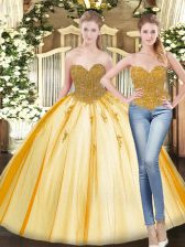  Beading and Appliques Quinceanera Gowns Gold Lace Up Sleeveless Floor Length