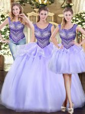  Lavender Tulle Lace Up Scoop Sleeveless Floor Length 15 Quinceanera Dress Beading and Ruffles