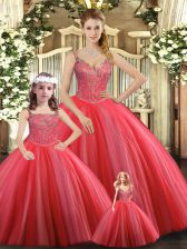 Pretty Coral Red Ball Gowns Straps Sleeveless Tulle Floor Length Lace Up Beading Quinceanera Dresses