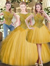 Edgy Gold Sleeveless Beading and Ruffles Floor Length Sweet 16 Dresses