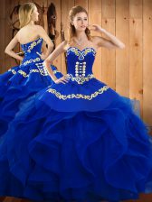 Custom Design Sleeveless Floor Length Embroidery and Ruffles Lace Up Quince Ball Gowns with Blue
