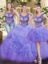Smart Sleeveless Tulle Floor Length Lace Up Quinceanera Gowns in Lavender with Beading and Ruffles