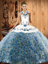 Discount Multi-color Ball Gowns Embroidery 15th Birthday Dress Lace Up Fabric With Rolling Flowers Sleeveless