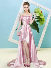Cheap High Low Lace Up Prom Dress Pink for Prom and Party with Sequins