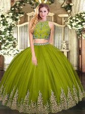 Discount Two Pieces Quinceanera Gown Olive Green High-neck Tulle Sleeveless Floor Length Zipper