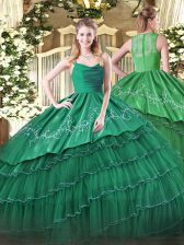 Super Green Ball Gowns Straps Sleeveless Organza Floor Length Zipper Embroidery and Ruffled Layers Vestidos de Quinceanera