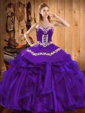 Low Price Purple Ball Gowns Organza Sweetheart Sleeveless Embroidery and Ruffles Floor Length Lace Up 15 Quinceanera Dress