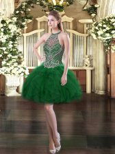 Edgy Dark Green Halter Top Neckline Beading and Ruffles Prom Dress Sleeveless Lace Up