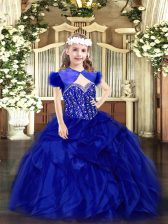 Customized Floor Length Royal Blue Little Girls Pageant Dress Wholesale Organza Sleeveless Beading and Ruffles