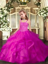 Fashionable Sleeveless Organza Floor Length Lace Up Little Girls Pageant Dress Wholesale in Fuchsia with Ruffles