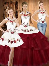  Wine Red Sleeveless Sweep Train Embroidery and Ruffled Layers With Train Vestidos de Quinceanera