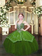  Olive Green Sleeveless Beading and Embroidery Floor Length Kids Pageant Dress