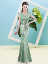 Adorable Turquoise Mermaid V-neck Cap Sleeves Sequined Floor Length Zipper Sequins Prom Dresses