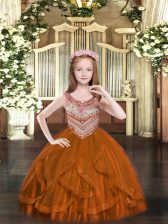  Rust Red Little Girls Pageant Gowns Party and Quinceanera with Beading and Ruffles Scoop Sleeveless Lace Up