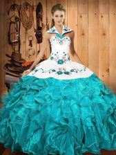 Modern Halter Top Sleeveless 15th Birthday Dress Floor Length Embroidery and Ruffles Aqua Blue Satin and Organza