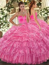  Rose Pink Quinceanera Dress Military Ball and Sweet 16 and Quinceanera with Beading and Ruffled Layers Sweetheart Sleeveless Lace Up
