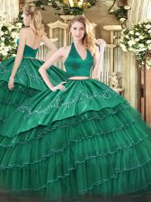 Latest Floor Length Dark Green Sweet 16 Dresses Halter Top Sleeveless Zipper
