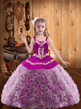 Hot Sale Floor Length Multi-color Kids Pageant Dress Fabric With Rolling Flowers Sleeveless Embroidery and Ruffles