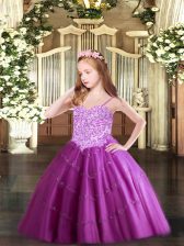  Fuchsia Ball Gowns Spaghetti Straps Sleeveless Tulle Floor Length Lace Up Appliques Pageant Gowns