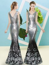 Admirable Floor Length Silver Prom Dresses V-neck Sleeveless Zipper