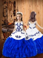 Great Floor Length Royal Blue Child Pageant Dress Organza Sleeveless Embroidery and Ruffles