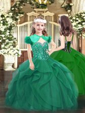  Dark Green Sleeveless Floor Length Beading and Ruffles Lace Up Kids Pageant Dress