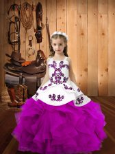Trendy Fuchsia Straps Lace Up Embroidery and Ruffles Kids Formal Wear Sleeveless