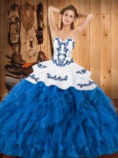 Amazing Blue And White Ball Gown Prom Dress Military Ball and Sweet 16 and Quinceanera with Embroidery and Ruffles Strapless Sleeveless Lace Up