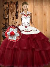  Wine Red Satin and Organza Lace Up Halter Top Sleeveless With Train Ball Gown Prom Dress Sweep Train Embroidery and Ruffled Layers