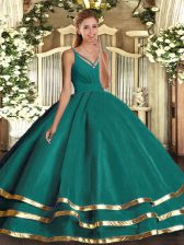  Turquoise Ball Gowns V-neck Sleeveless Tulle Floor Length Backless Ruching 15th Birthday Dress